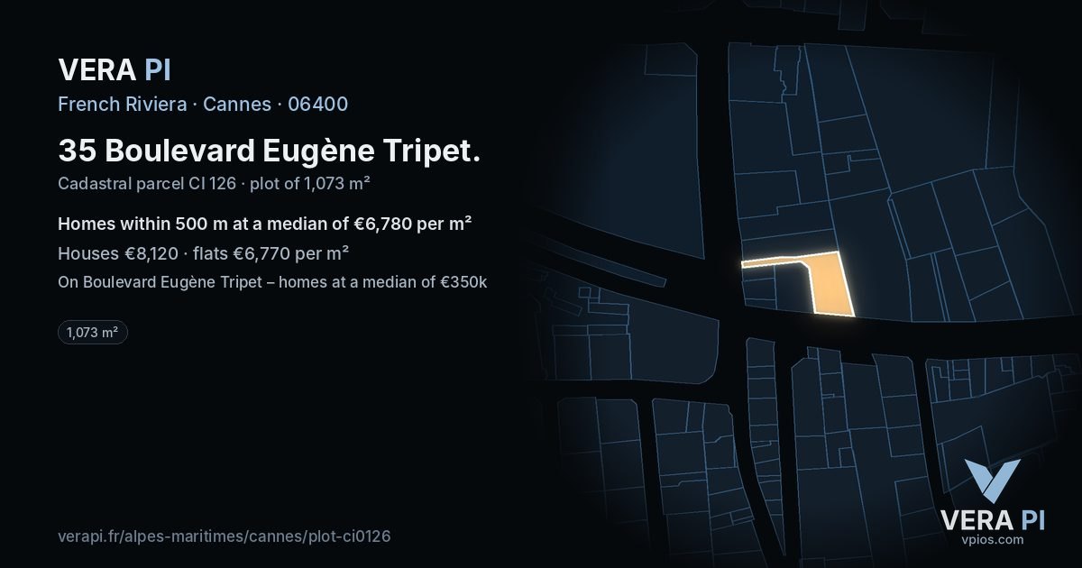 35 Boulevard Eugène Tripet, Cannes at night – the plot lit, the parcels around coloured by the prices near them