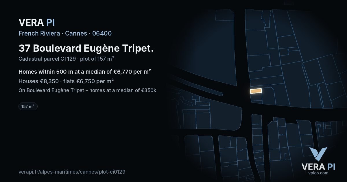 37 Boulevard Eugène Tripet, Cannes at night – the plot lit, the parcels around coloured by the prices near them