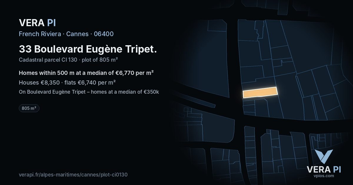 33 Boulevard Eugène Tripet, Cannes at night – the plot lit, the parcels around coloured by the prices near them