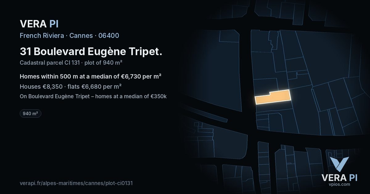 31 Boulevard Eugène Tripet, Cannes at night – the plot lit, the parcels around coloured by the prices near them
