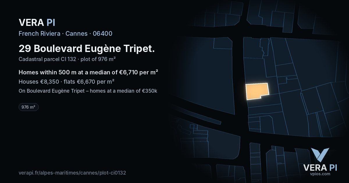 29 Boulevard Eugène Tripet, Cannes at night – the plot lit, the parcels around coloured by the prices near them