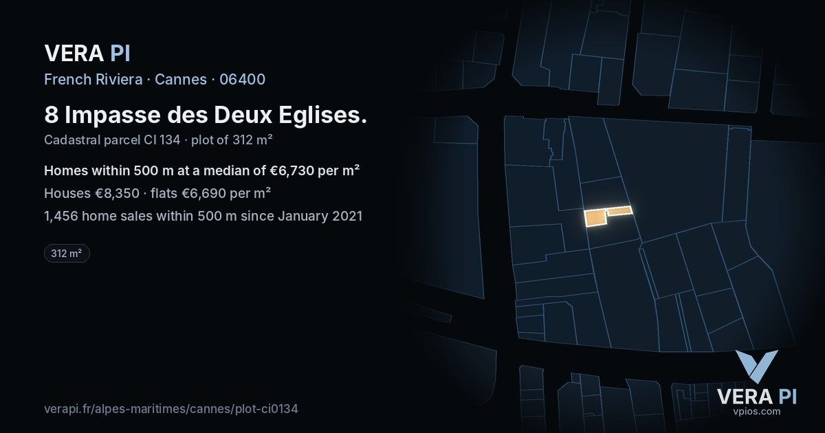 8 Impasse des Deux Eglises, Cannes at night – the plot lit, the parcels around coloured by the prices near them