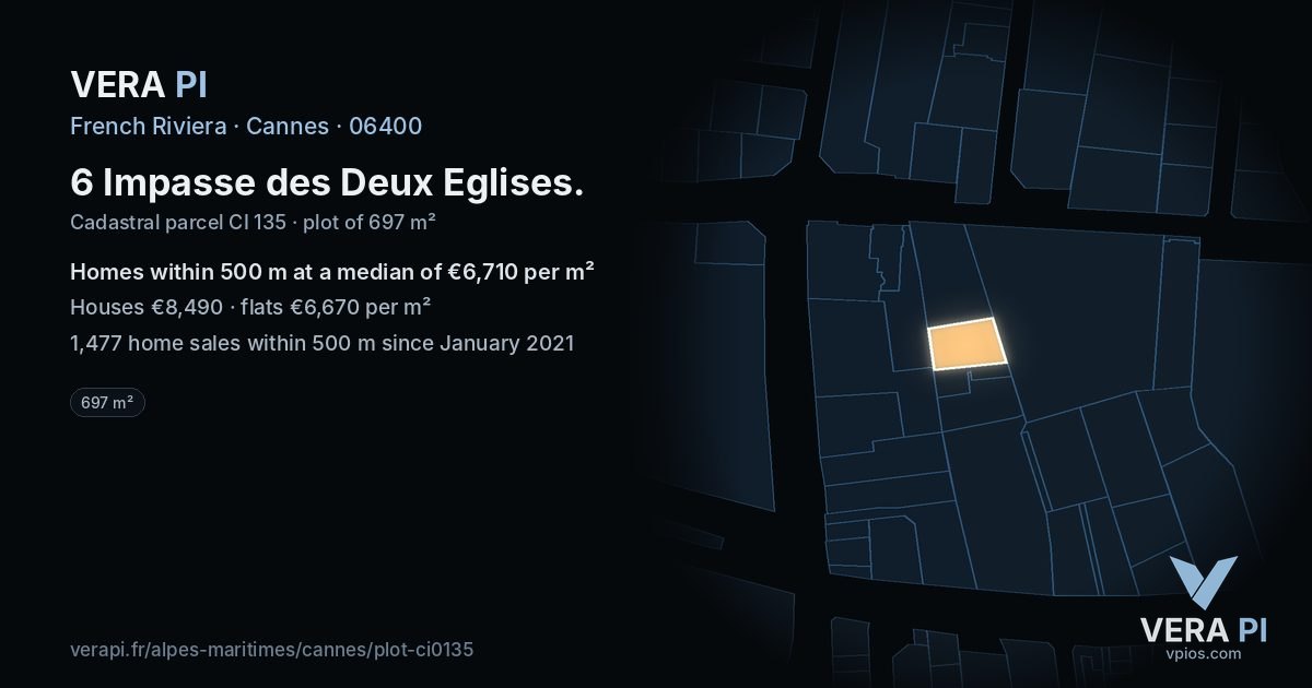 6 Impasse des Deux Eglises, Cannes at night – the plot lit, the parcels around coloured by the prices near them