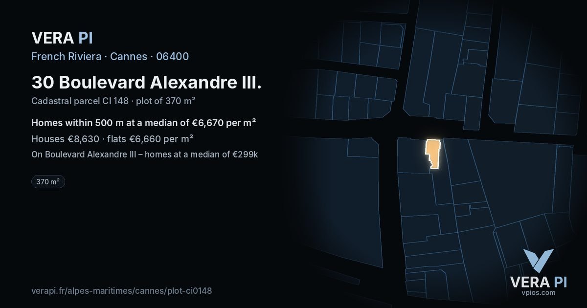 30 Boulevard Alexandre III, Cannes at night – the plot lit, the parcels around coloured by the prices near them