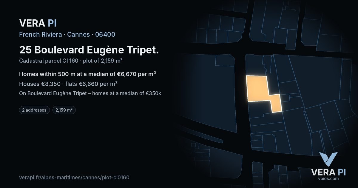 25 Boulevard Eugène Tripet, Cannes at night – the plot lit, the parcels around coloured by the prices near them