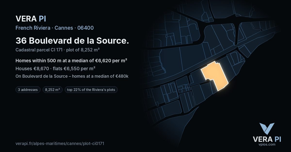 36 Boulevard de la Source, Cannes at night – the plot lit, the parcels around coloured by the prices near them