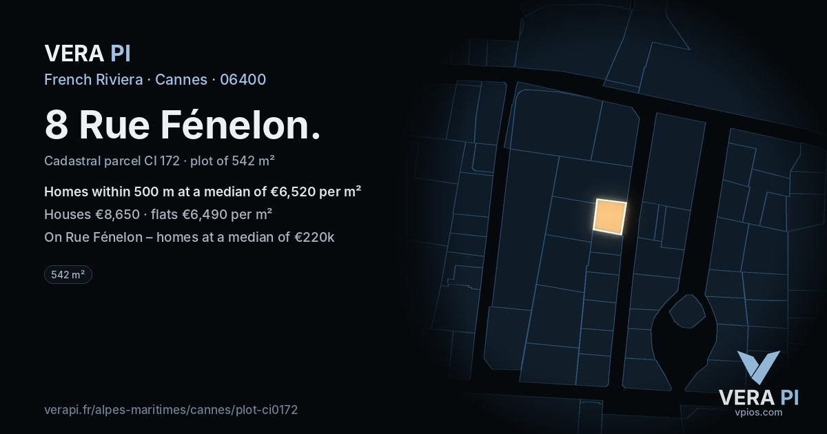 8 Rue Fénelon, Cannes at night – the plot lit, the parcels around coloured by the prices near them
