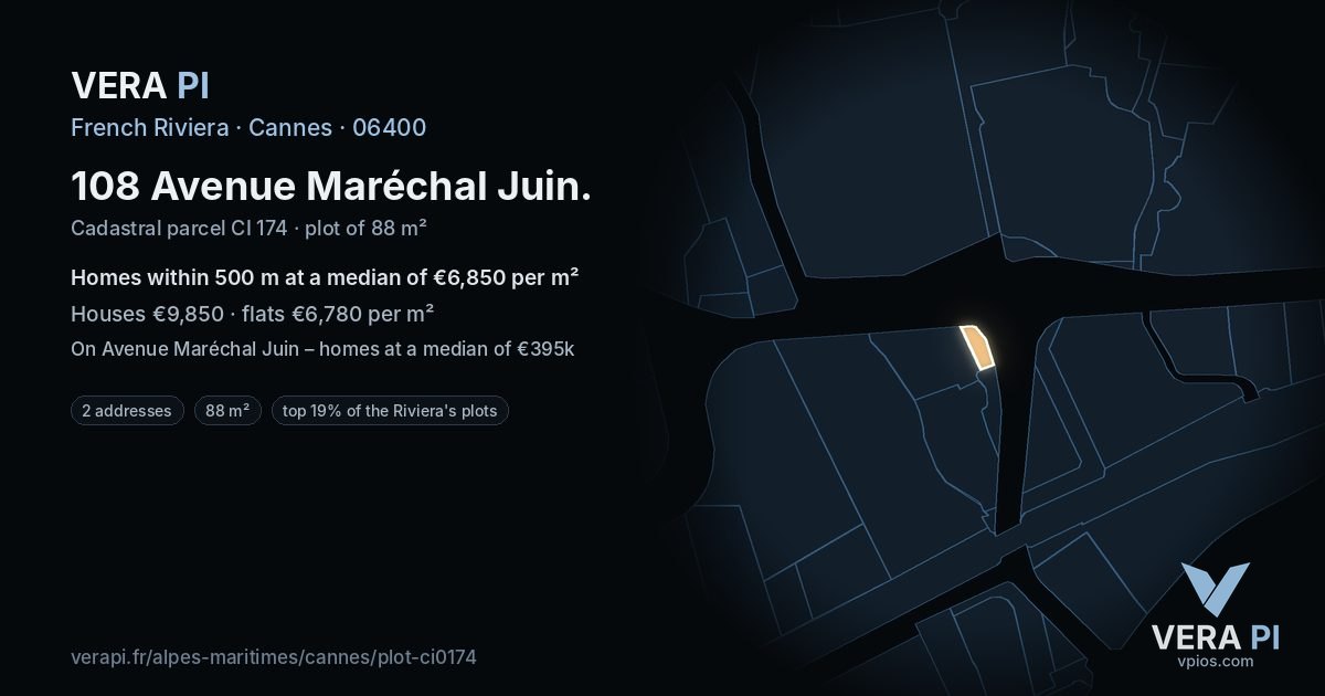 108 Avenue Maréchal Juin, Cannes at night – the plot lit, the parcels around coloured by the prices near them