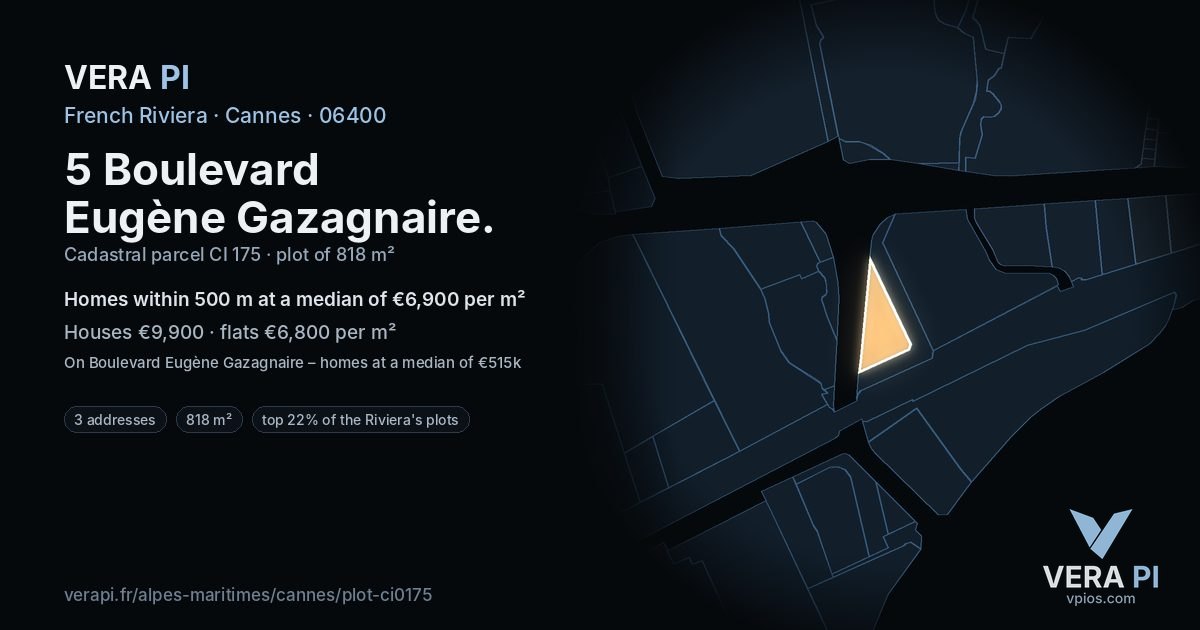 5 Boulevard Eugène Gazagnaire, Cannes at night – the plot lit, the parcels around coloured by the prices near them
