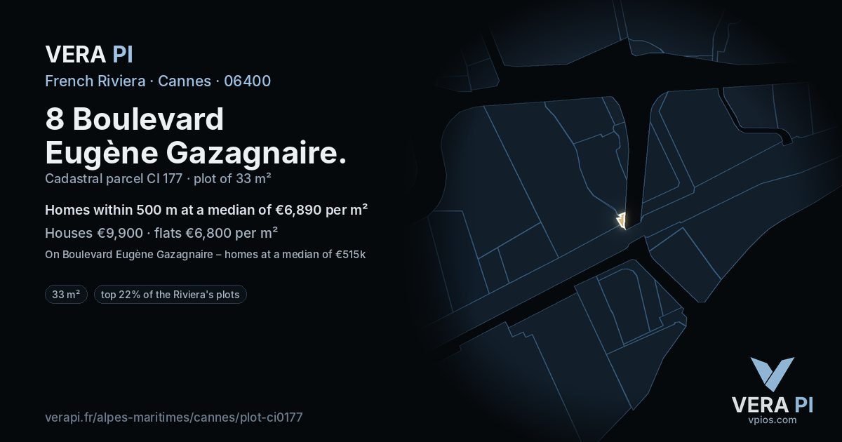 8 Boulevard Eugène Gazagnaire, Cannes at night – the plot lit, the parcels around coloured by the prices near them