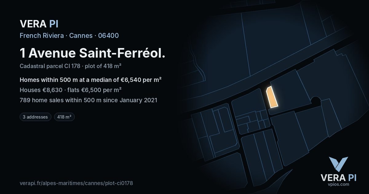 1 Avenue Saint-Ferréol, Cannes at night – the plot lit, the parcels around coloured by the prices near them