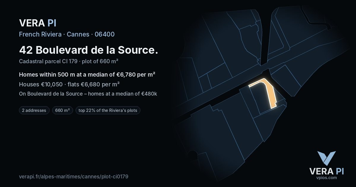 42 Boulevard de la Source, Cannes at night – the plot lit, the parcels around coloured by the prices near them
