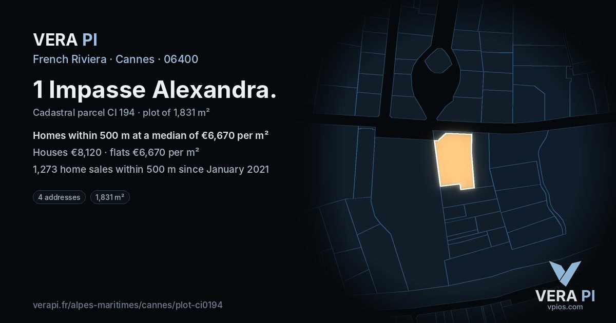 1 Impasse Alexandra, Cannes at night – the plot lit, the parcels around coloured by the prices near them