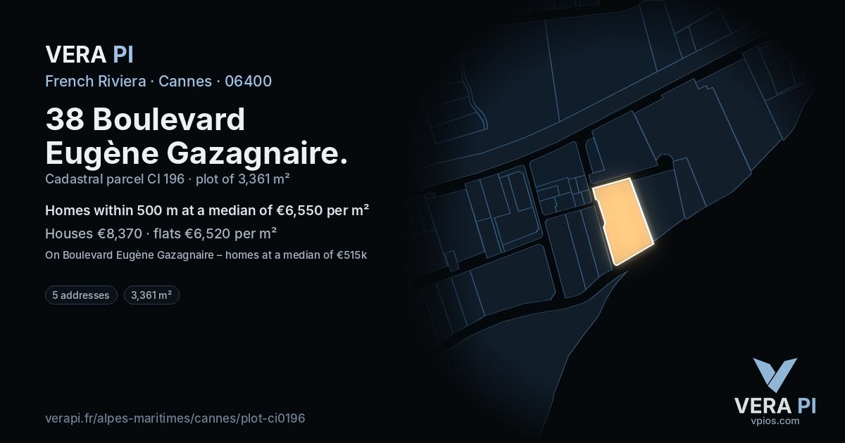 38 Boulevard Eugène Gazagnaire, Cannes at night – the plot lit, the parcels around coloured by the prices near them