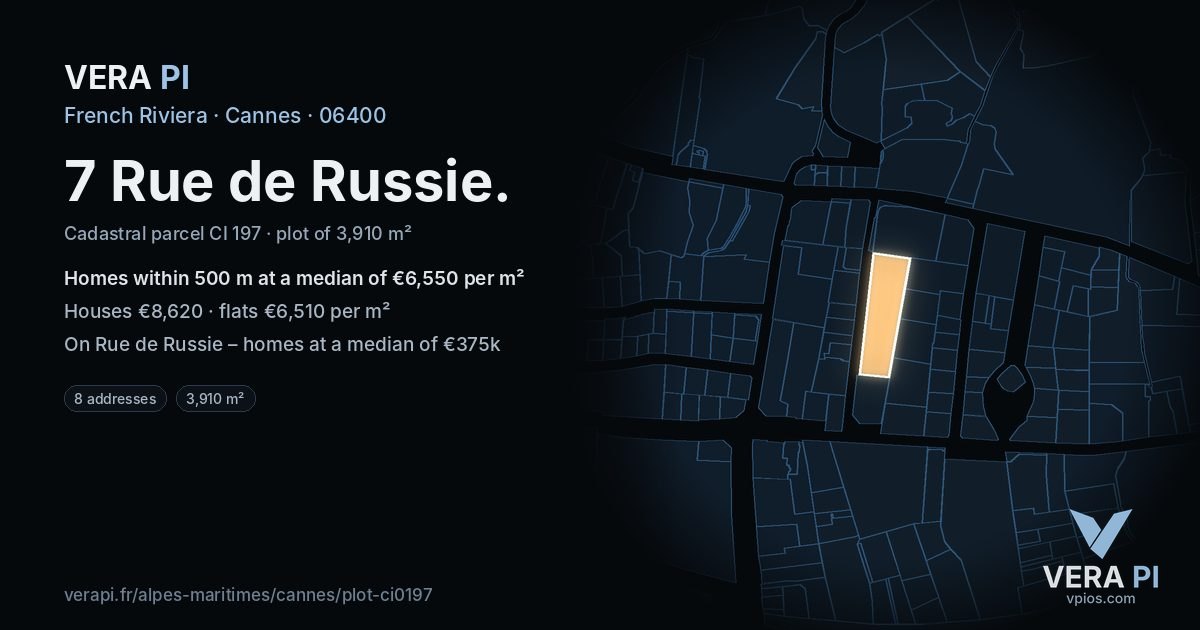 7 Rue de Russie, Cannes at night – the plot lit, the parcels around coloured by the prices near them