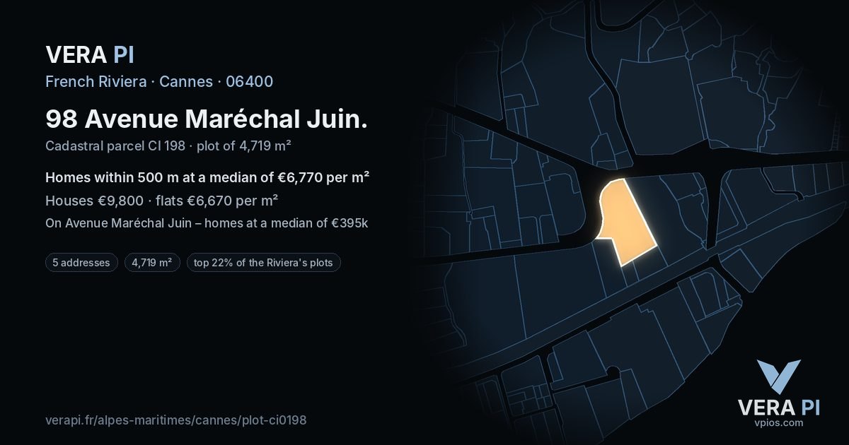 98 Avenue Maréchal Juin, Cannes at night – the plot lit, the parcels around coloured by the prices near them