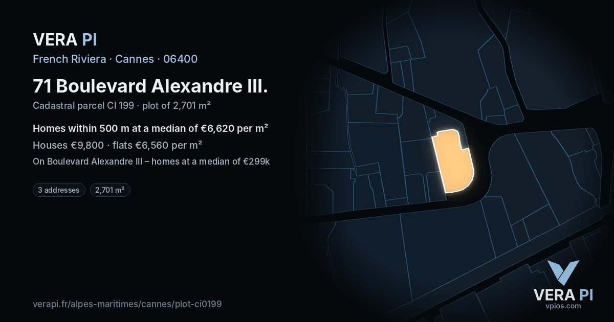 71 Boulevard Alexandre III, Cannes at night – the plot lit, the parcels around coloured by the prices near them