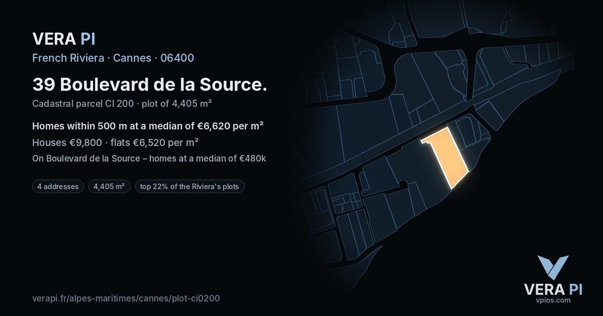 39 Boulevard de la Source, Cannes at night – the plot lit, the parcels around coloured by the prices near them