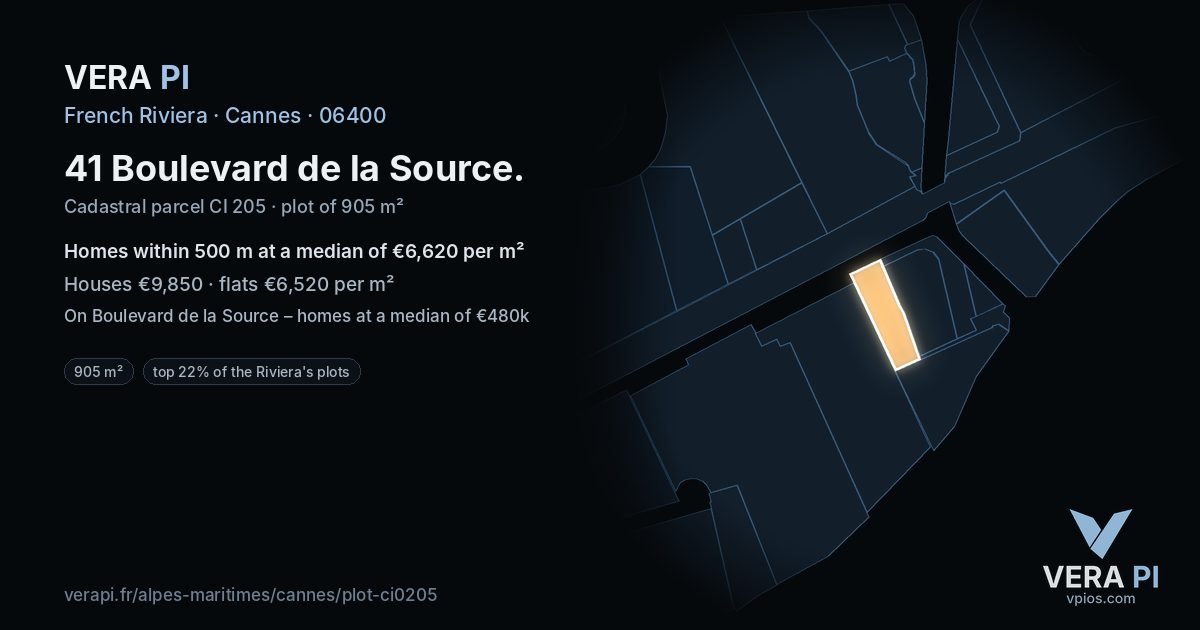 41 Boulevard de la Source, Cannes at night – the plot lit, the parcels around coloured by the prices near them