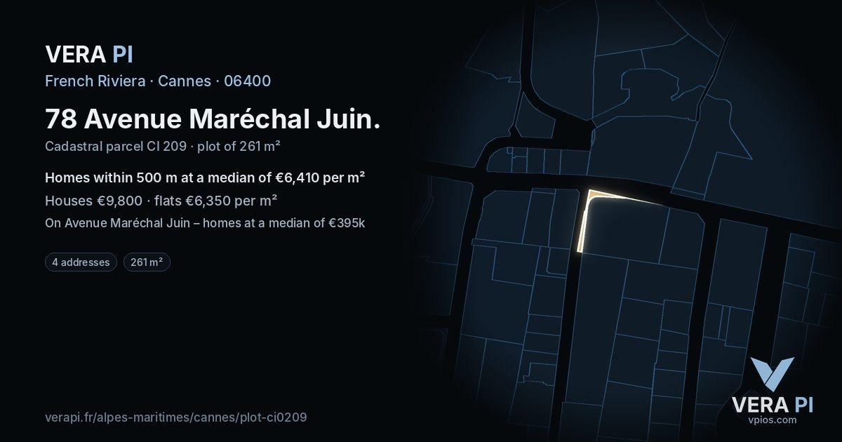 78 Avenue Maréchal Juin, Cannes at night – the plot lit, the parcels around coloured by the prices near them