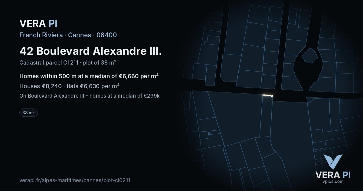42 Boulevard Alexandre III, Cannes at night – the plot lit, the parcels around coloured by the prices near them