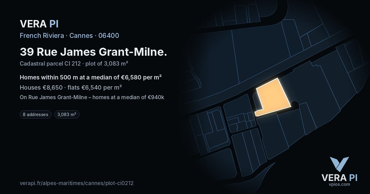 39 Rue James Grant-Milne, Cannes at night – the plot lit, the parcels around coloured by the prices near them