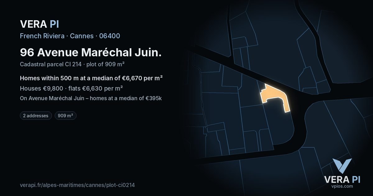 96 Avenue Maréchal Juin, Cannes at night – the plot lit, the parcels around coloured by the prices near them