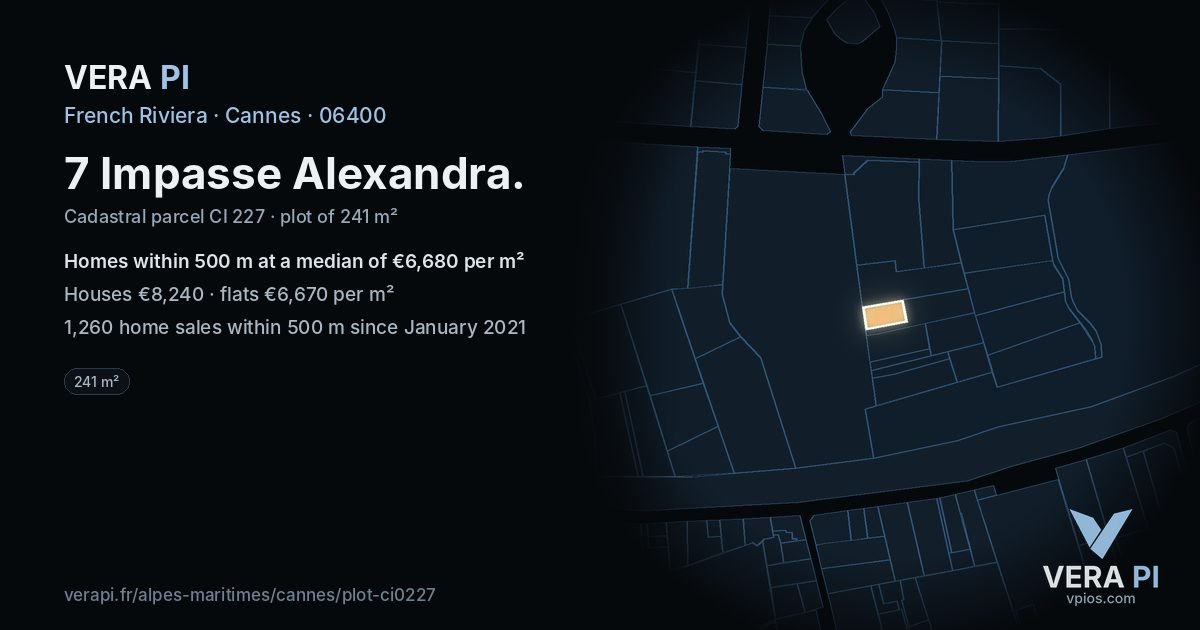 7 Impasse Alexandra, Cannes at night – the plot lit, the parcels around coloured by the prices near them