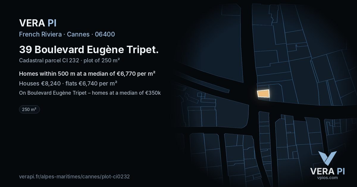 39 Boulevard Eugène Tripet, Cannes at night – the plot lit, the parcels around coloured by the prices near them