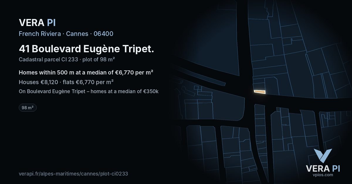 41 Boulevard Eugène Tripet, Cannes at night – the plot lit, the parcels around coloured by the prices near them