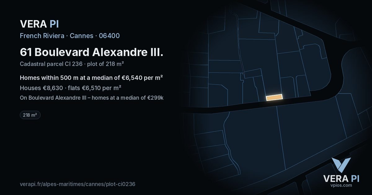 61 Boulevard Alexandre III, Cannes at night – the plot lit, the parcels around coloured by the prices near them