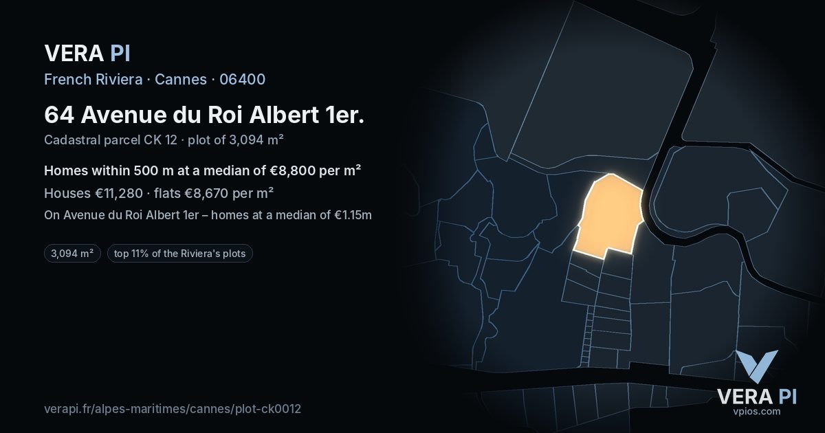 64 Avenue du Roi Albert 1er, Cannes at night – the plot lit, the parcels around coloured by the prices near them
