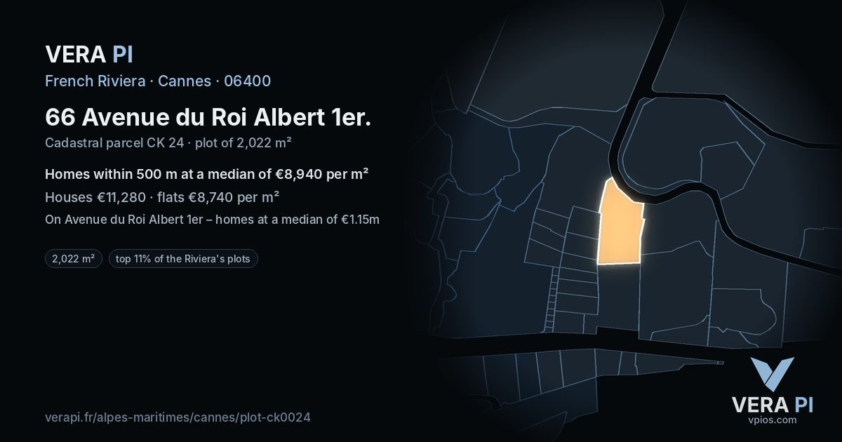 66 Avenue du Roi Albert 1er, Cannes at night – the plot lit, the parcels around coloured by the prices near them