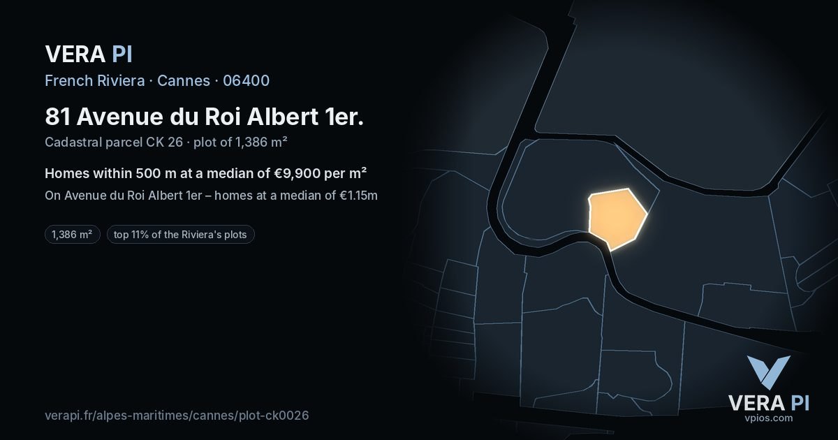 81 Avenue du Roi Albert 1er, Cannes at night – the plot lit, the parcels around coloured by the prices near them