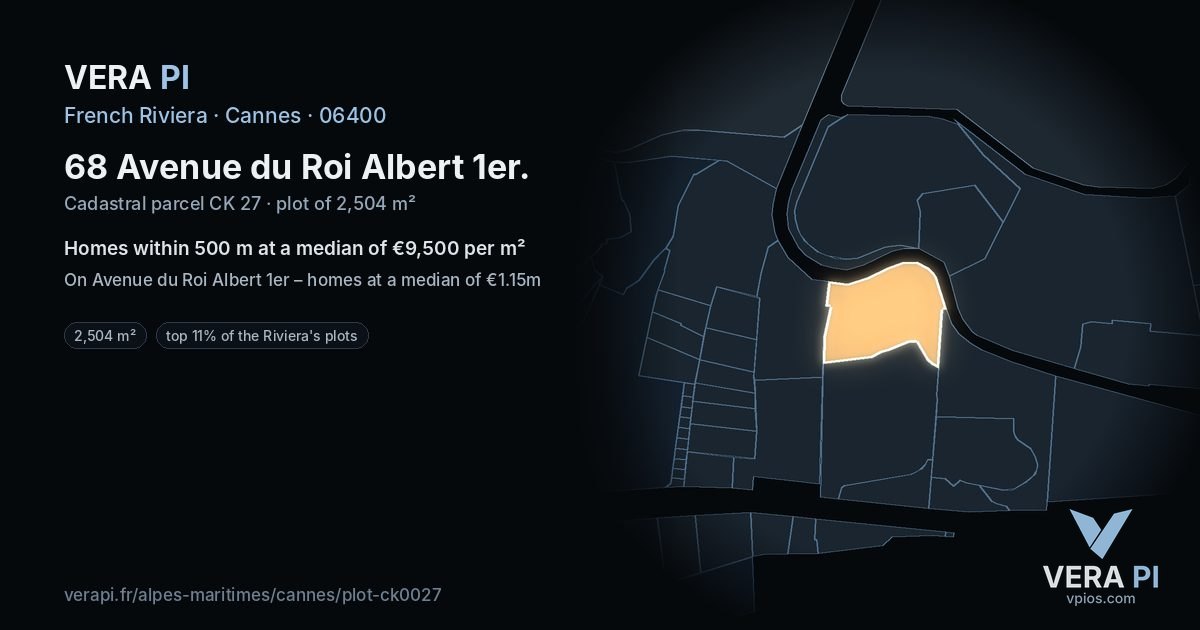 68 Avenue du Roi Albert 1er, Cannes at night – the plot lit, the parcels around coloured by the prices near them