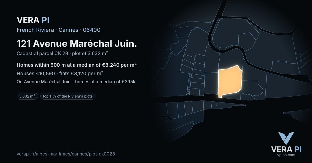121 Avenue Maréchal Juin, Cannes at night – the plot lit, the parcels around coloured by the prices near them