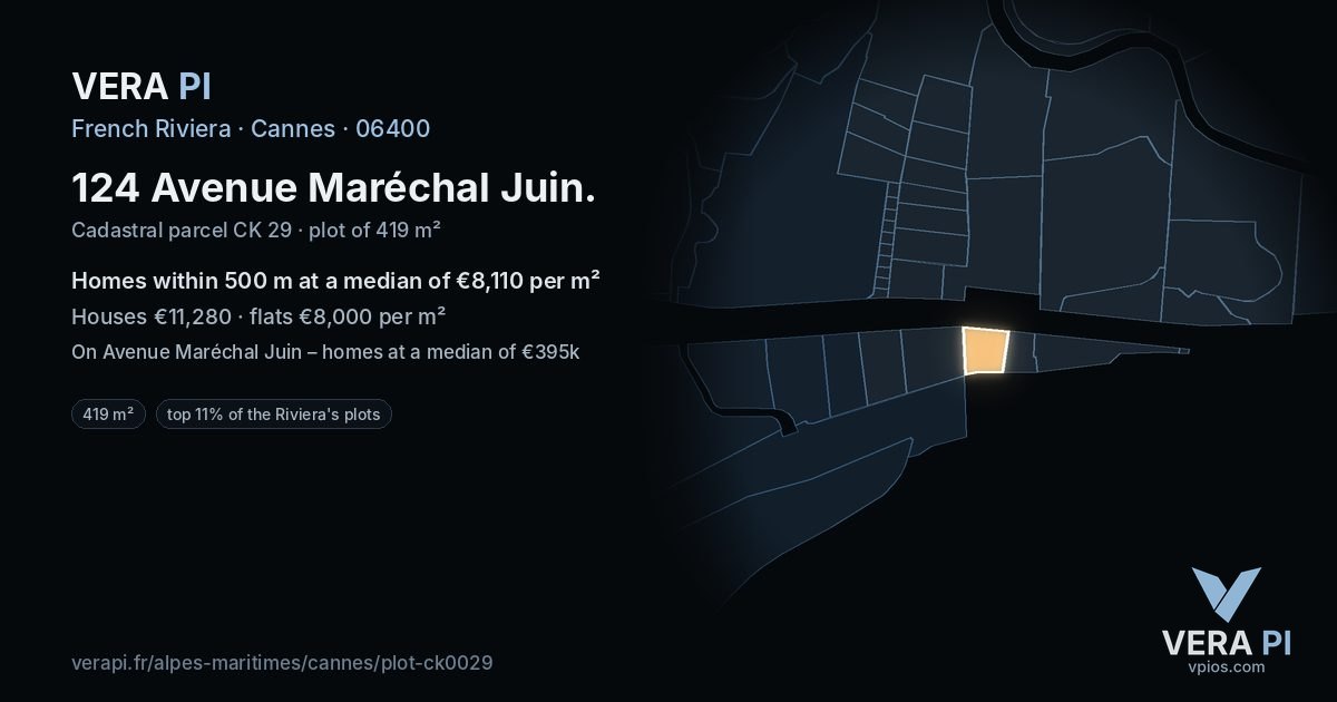 124 Avenue Maréchal Juin, Cannes at night – the plot lit, the parcels around coloured by the prices near them