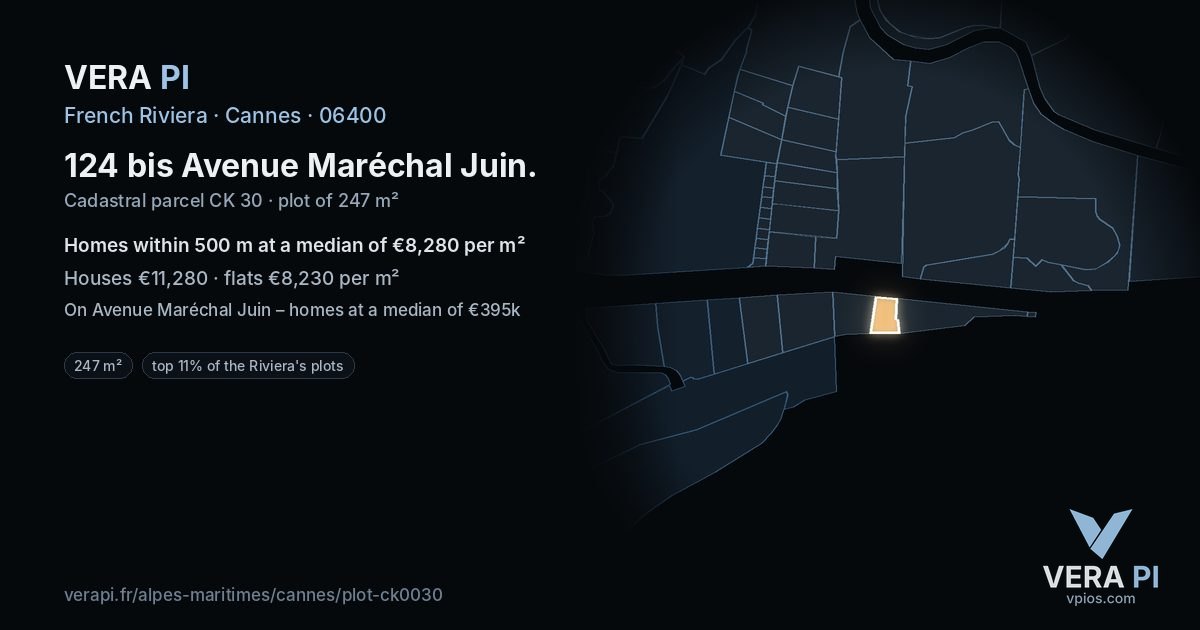 124 bis Avenue Maréchal Juin, Cannes at night – the plot lit, the parcels around coloured by the prices near them