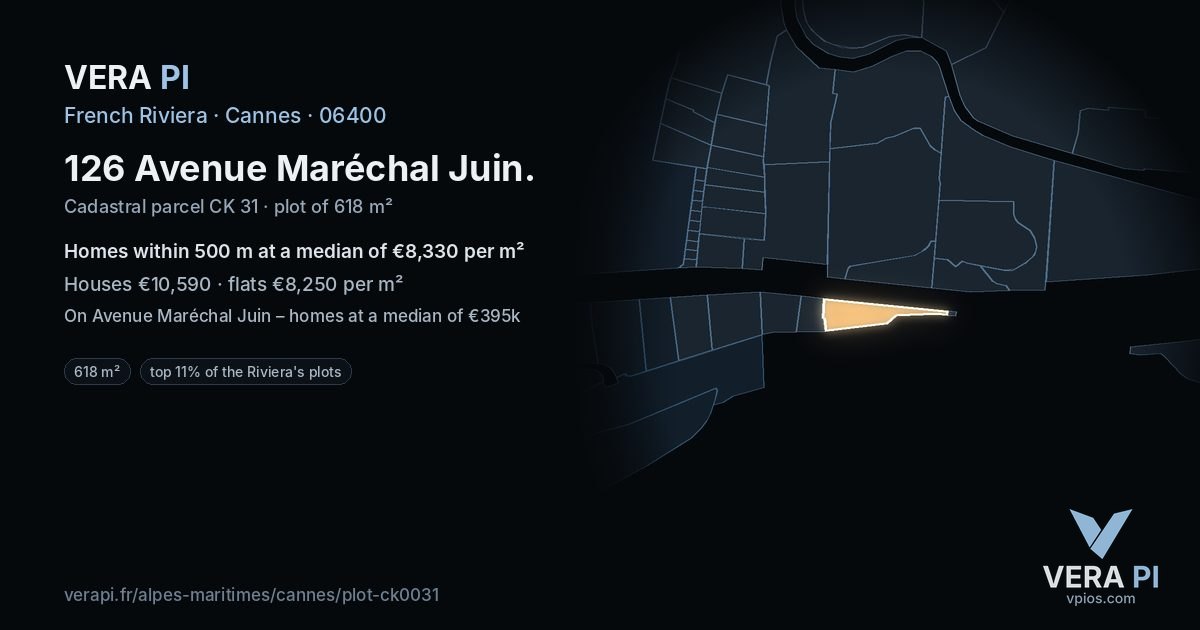 126 Avenue Maréchal Juin, Cannes at night – the plot lit, the parcels around coloured by the prices near them