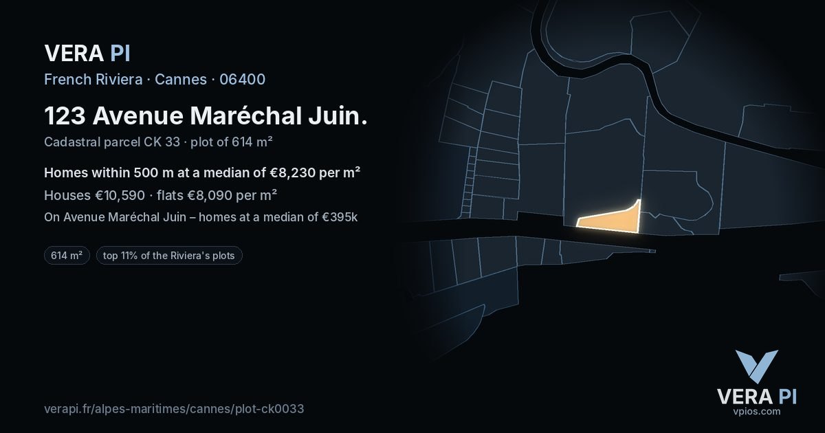 123 Avenue Maréchal Juin, Cannes at night – the plot lit, the parcels around coloured by the prices near them