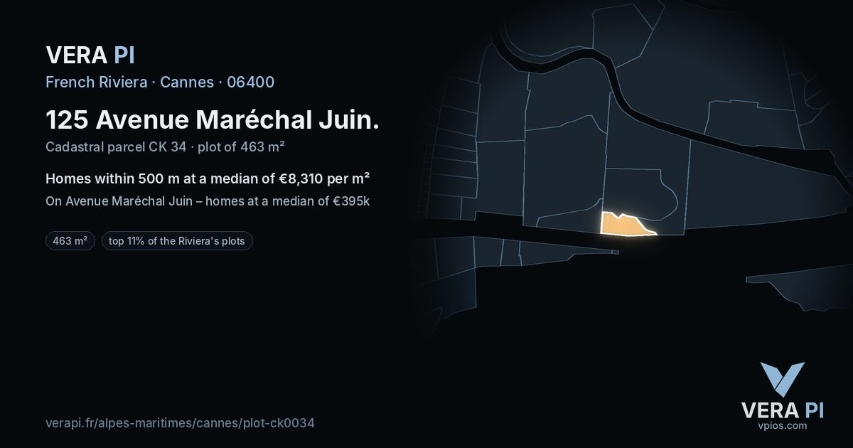 125 Avenue Maréchal Juin, Cannes at night – the plot lit, the parcels around coloured by the prices near them
