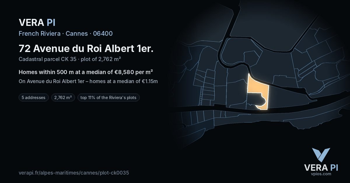 72 Avenue du Roi Albert 1er, Cannes at night – the plot lit, the parcels around coloured by the prices near them