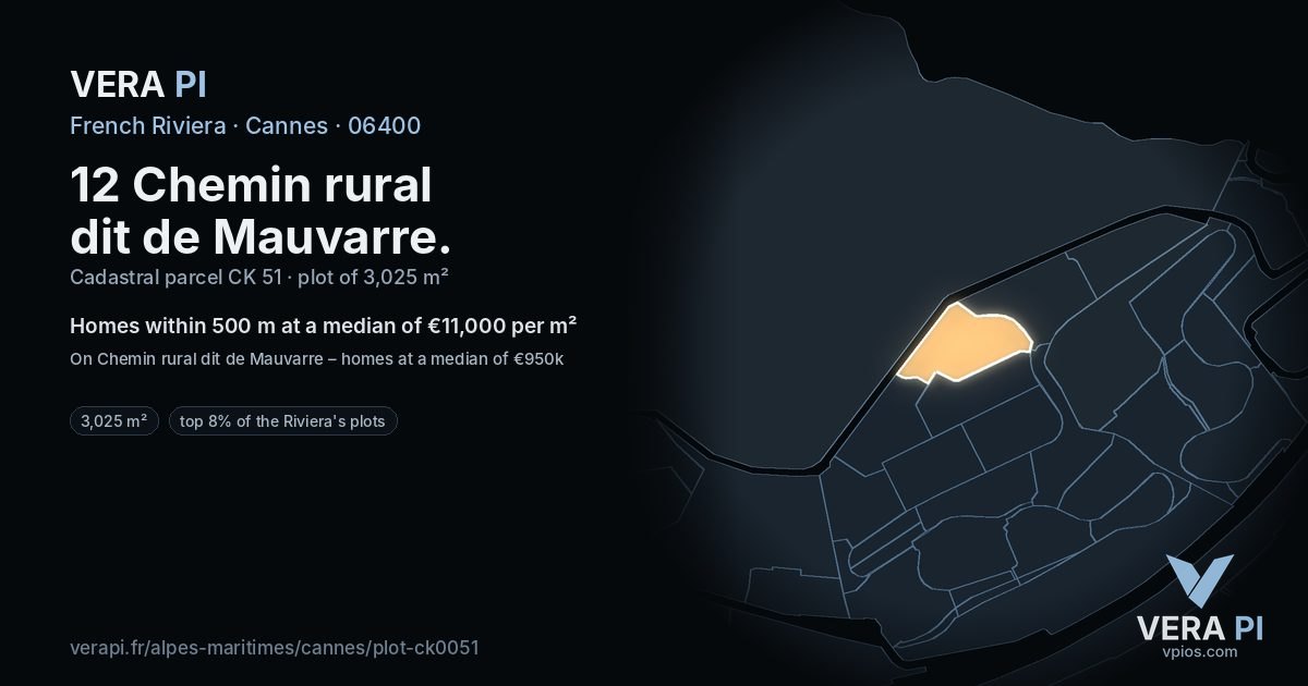 12 Chemin rural dit de Mauvarre, Cannes at night – the plot lit, the parcels around coloured by the prices near them
