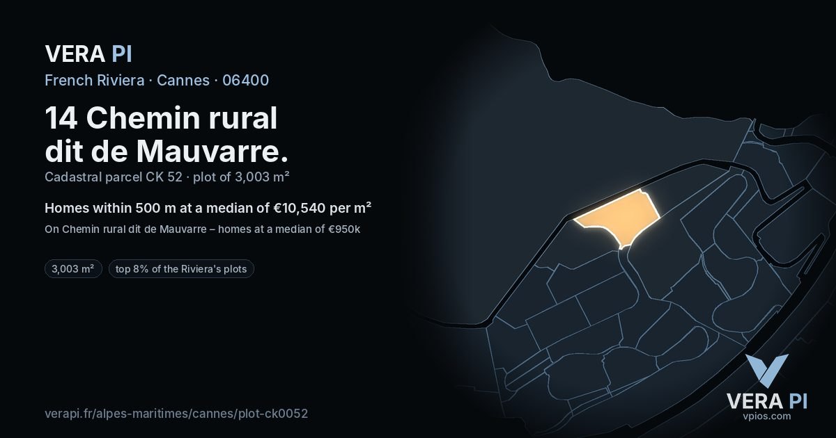 14 Chemin rural dit de Mauvarre, Cannes at night – the plot lit, the parcels around coloured by the prices near them