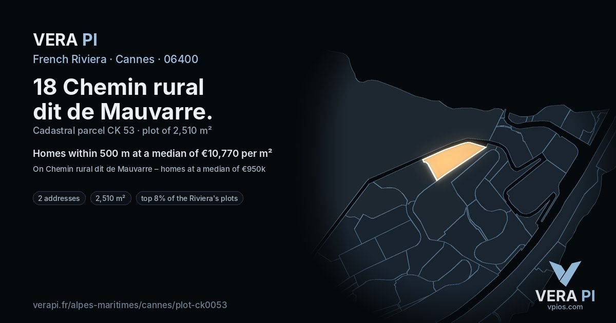 18 Chemin rural dit de Mauvarre, Cannes at night – the plot lit, the parcels around coloured by the prices near them