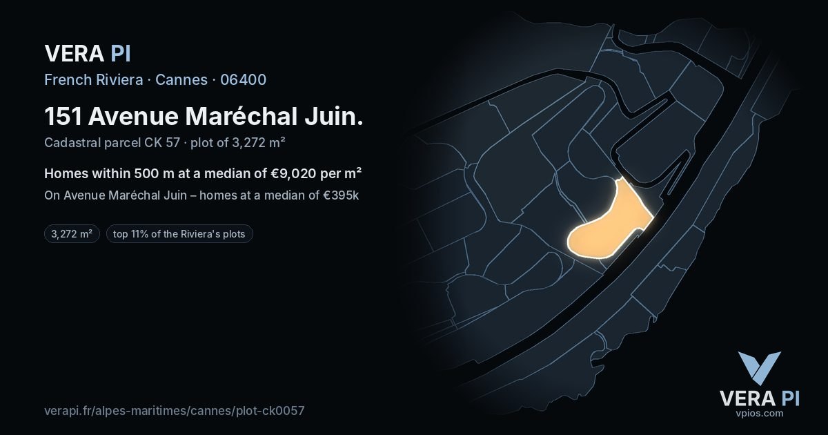 151 Avenue Maréchal Juin, Cannes at night – the plot lit, the parcels around coloured by the prices near them