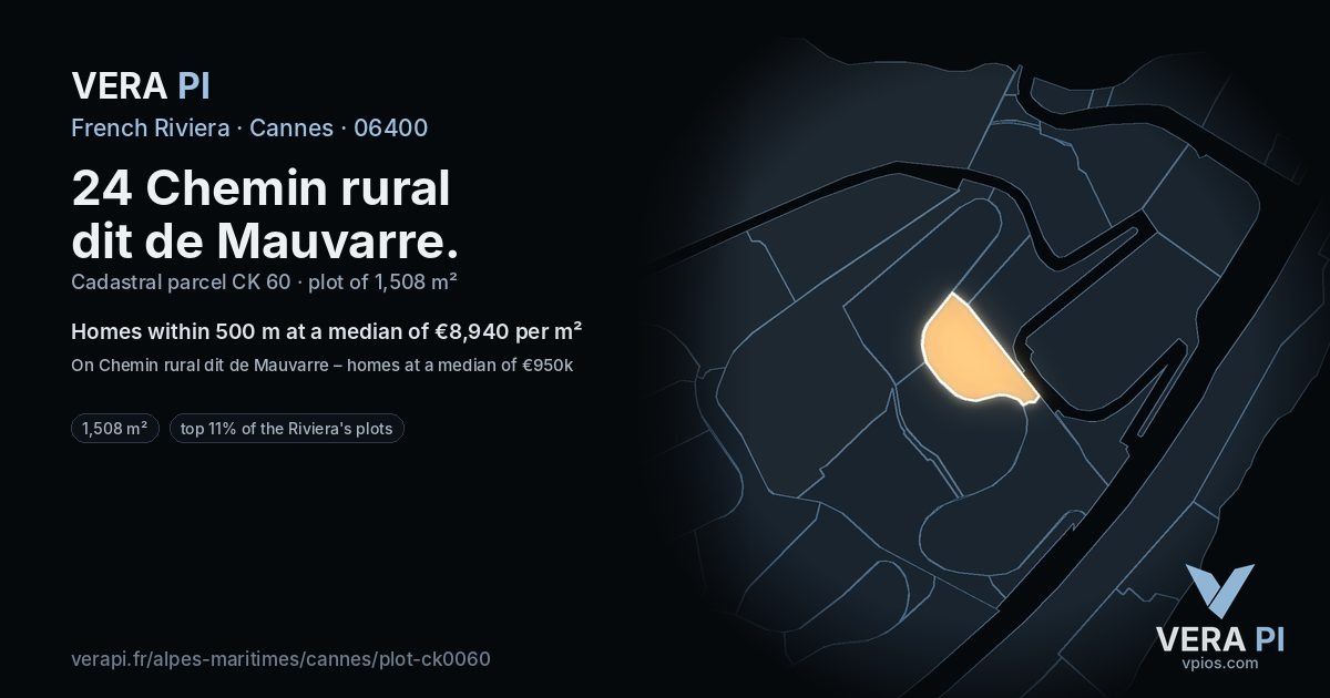 24 Chemin rural dit de Mauvarre, Cannes at night – the plot lit, the parcels around coloured by the prices near them
