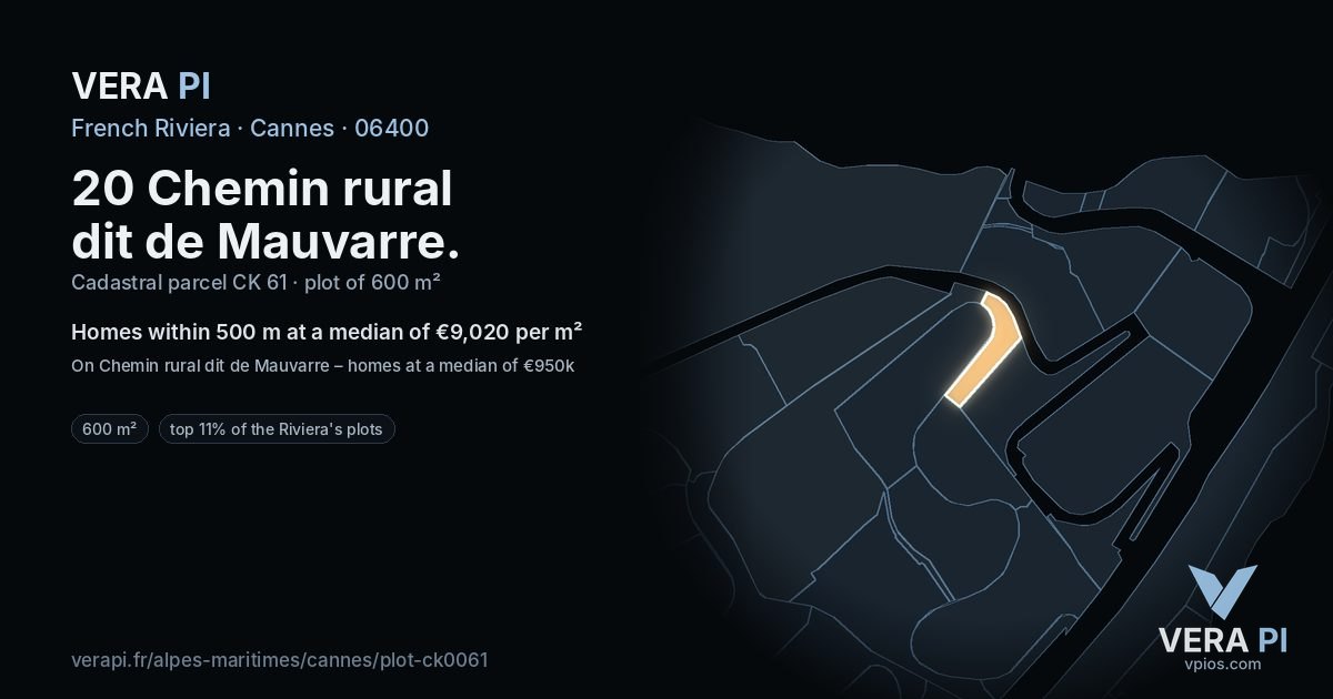 20 Chemin rural dit de Mauvarre, Cannes at night – the plot lit, the parcels around coloured by the prices near them