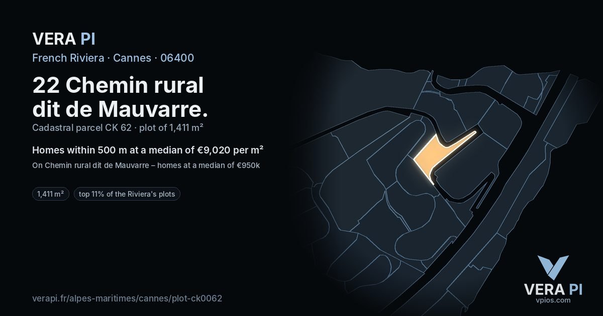 22 Chemin rural dit de Mauvarre, Cannes at night – the plot lit, the parcels around coloured by the prices near them