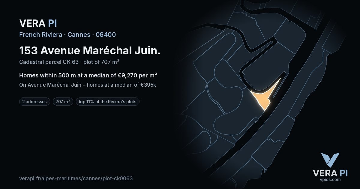 153 Avenue Maréchal Juin, Cannes at night – the plot lit, the parcels around coloured by the prices near them